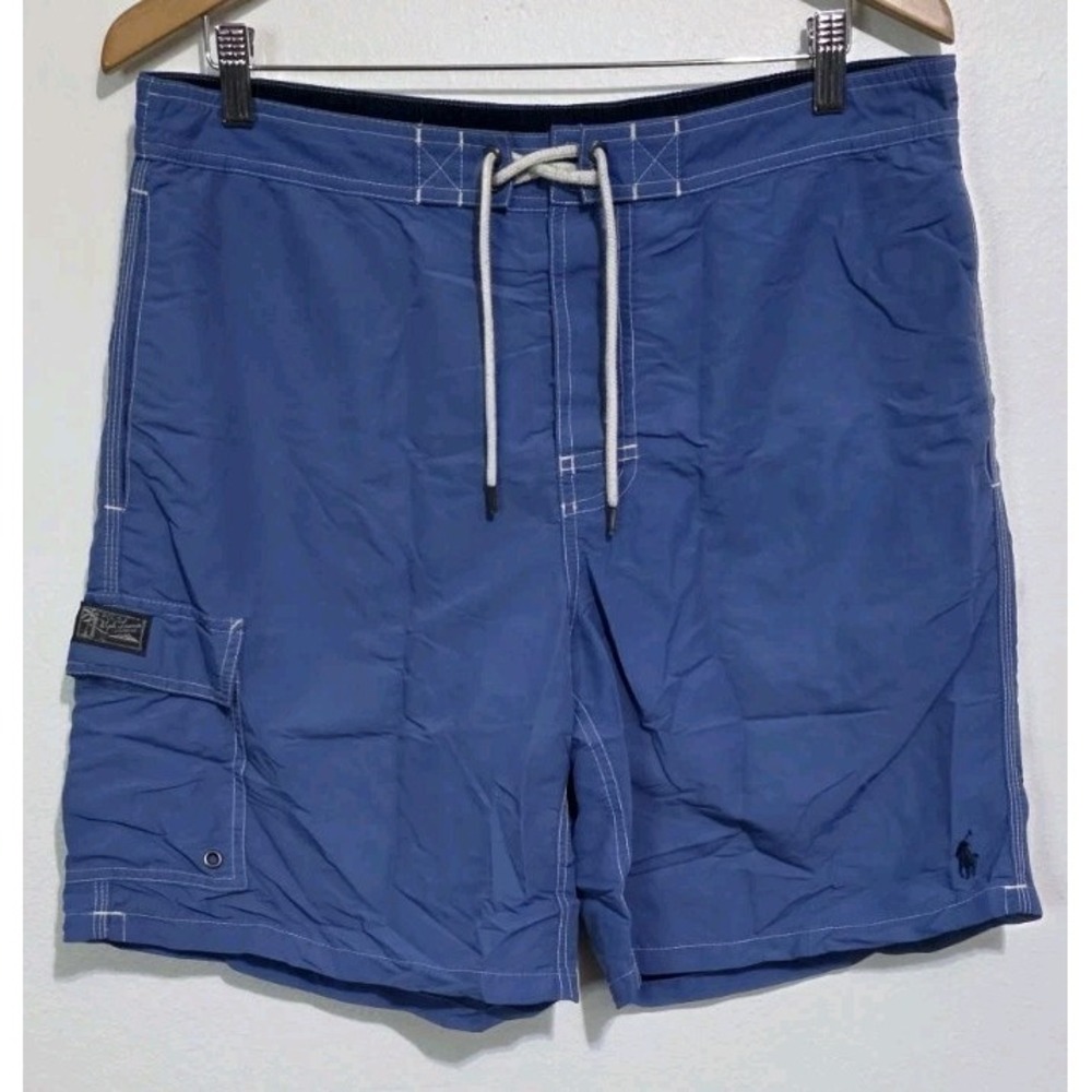 Polo Ralph Lauren Swim Shorts Men L Blue Cargo Drawstring Pockets Y2K Surf EUC